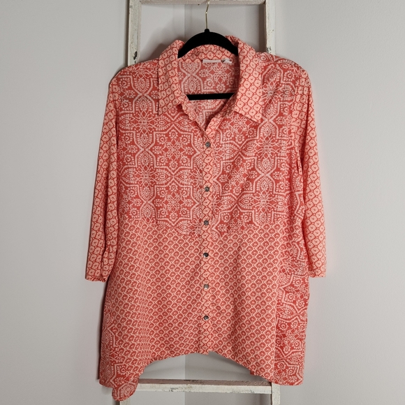 LOGO by Lori Goldstein button down top womens 1X metallic stripe mixed print - Picture 1 of 6